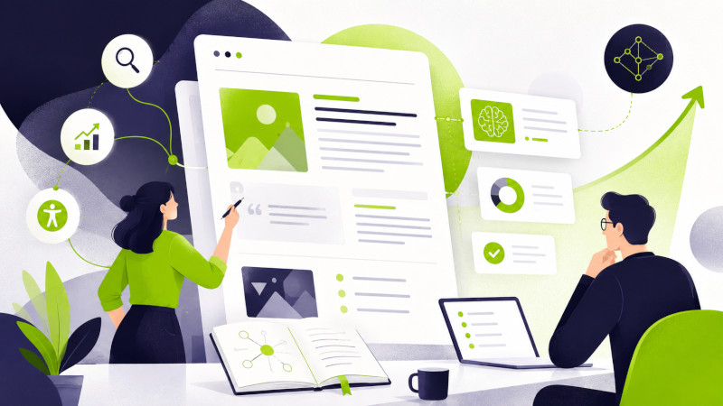 Illustrazione di professionisti analizzano e organizzano contenuti digitali collegati a SEO, intelligenza artificiale e accessibilità