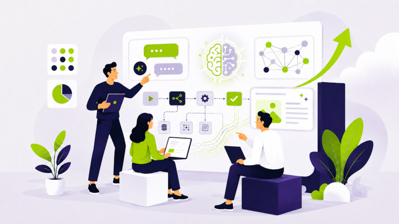 Formatore guida due professionisti nell’uso dell’intelligenza artificiale, tra prompt, flussi automatizzati e reti di dati